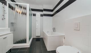 badkamer met bad, inloopdouche, toilet en dubbele wastafel